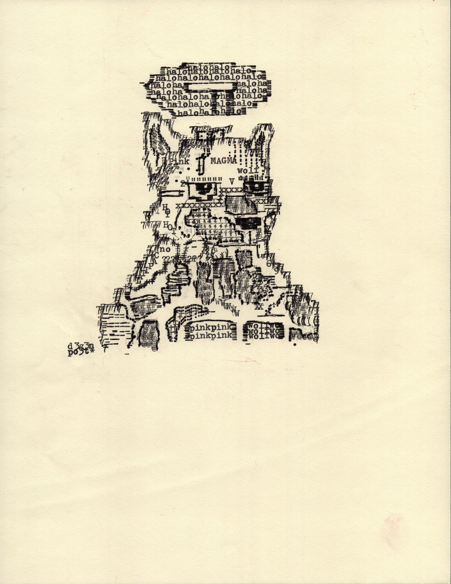Pink Magma Wolf original typewriter artwork by Degen Poet