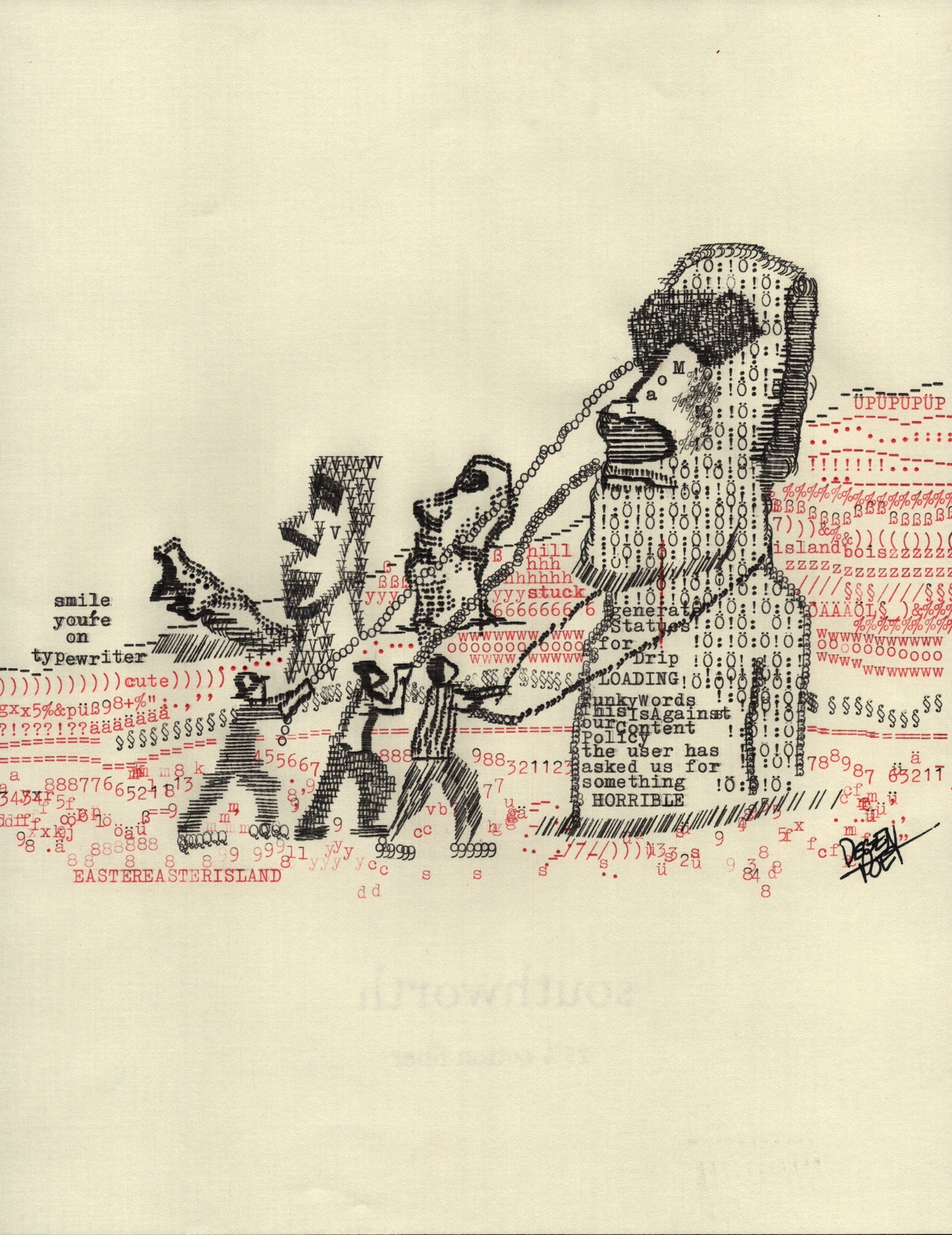 Moai original typewriter artwork by Degen Poet