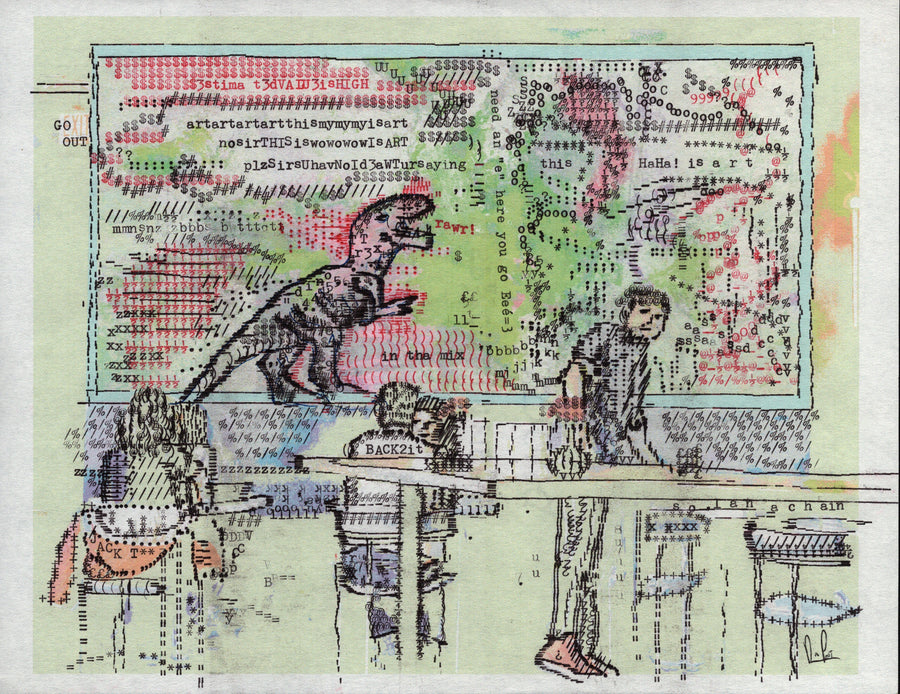 Little Bad Dino original typewriter artwork by Degen Poet