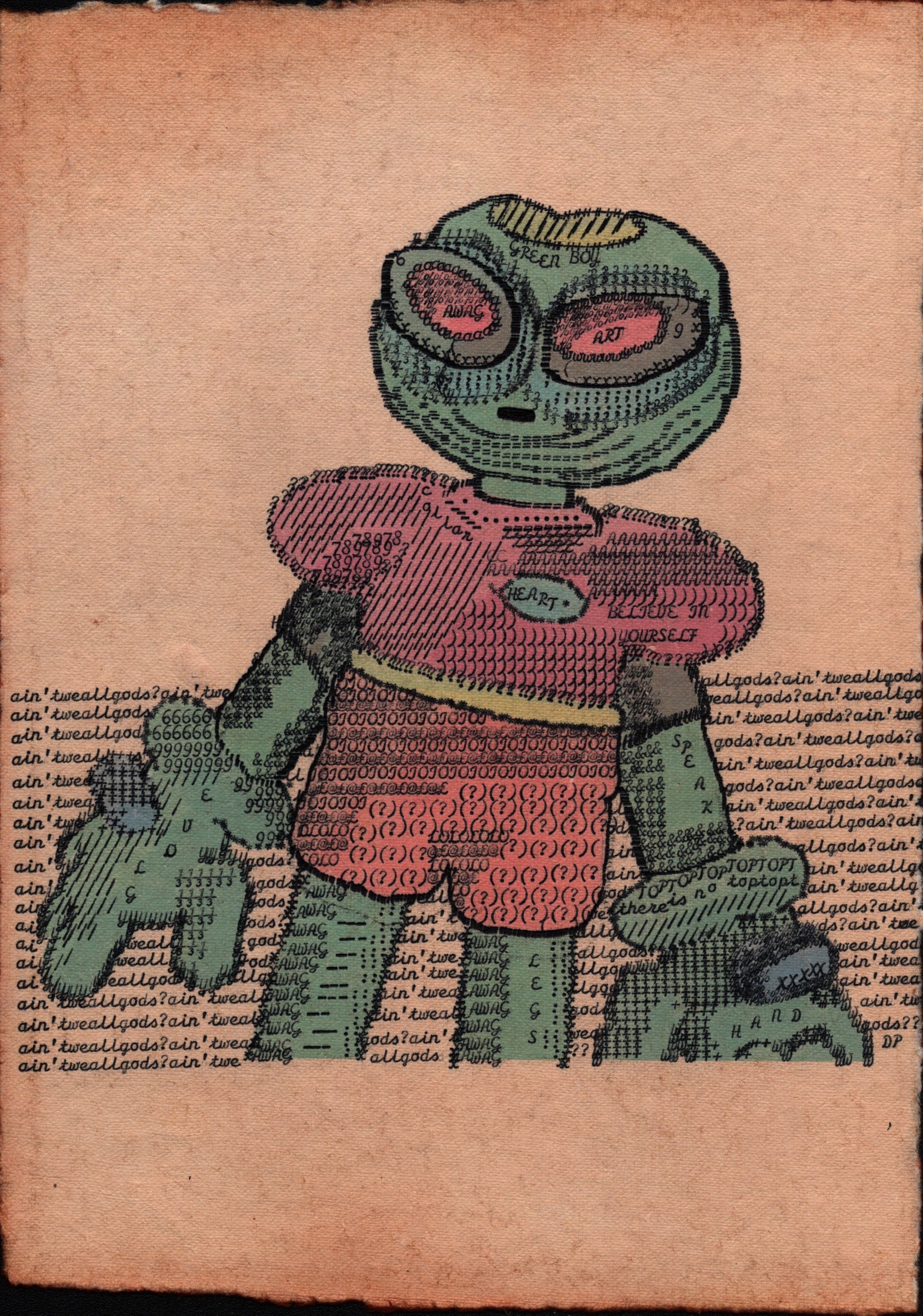 Green Boy original typewriter artwork by Degen Poet