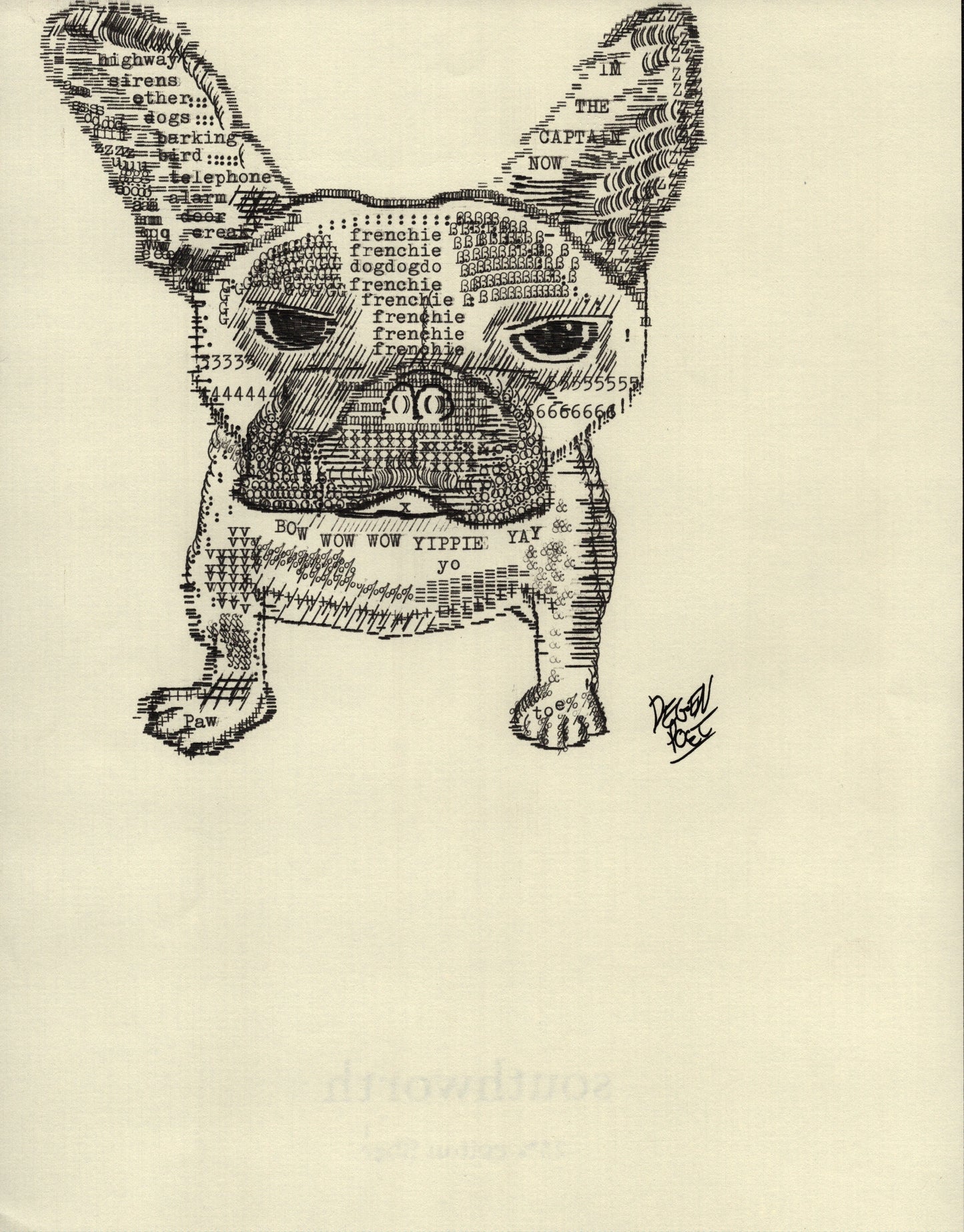 Frenchie original typewriter artwork by Degen Poet