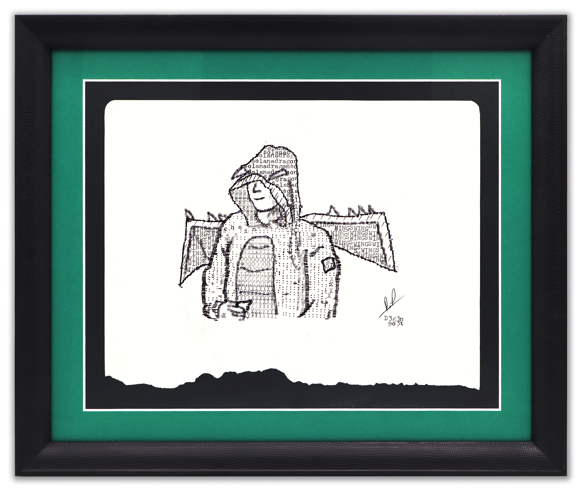 Black Dragon Toly original typewriter artwork by Degen Poet