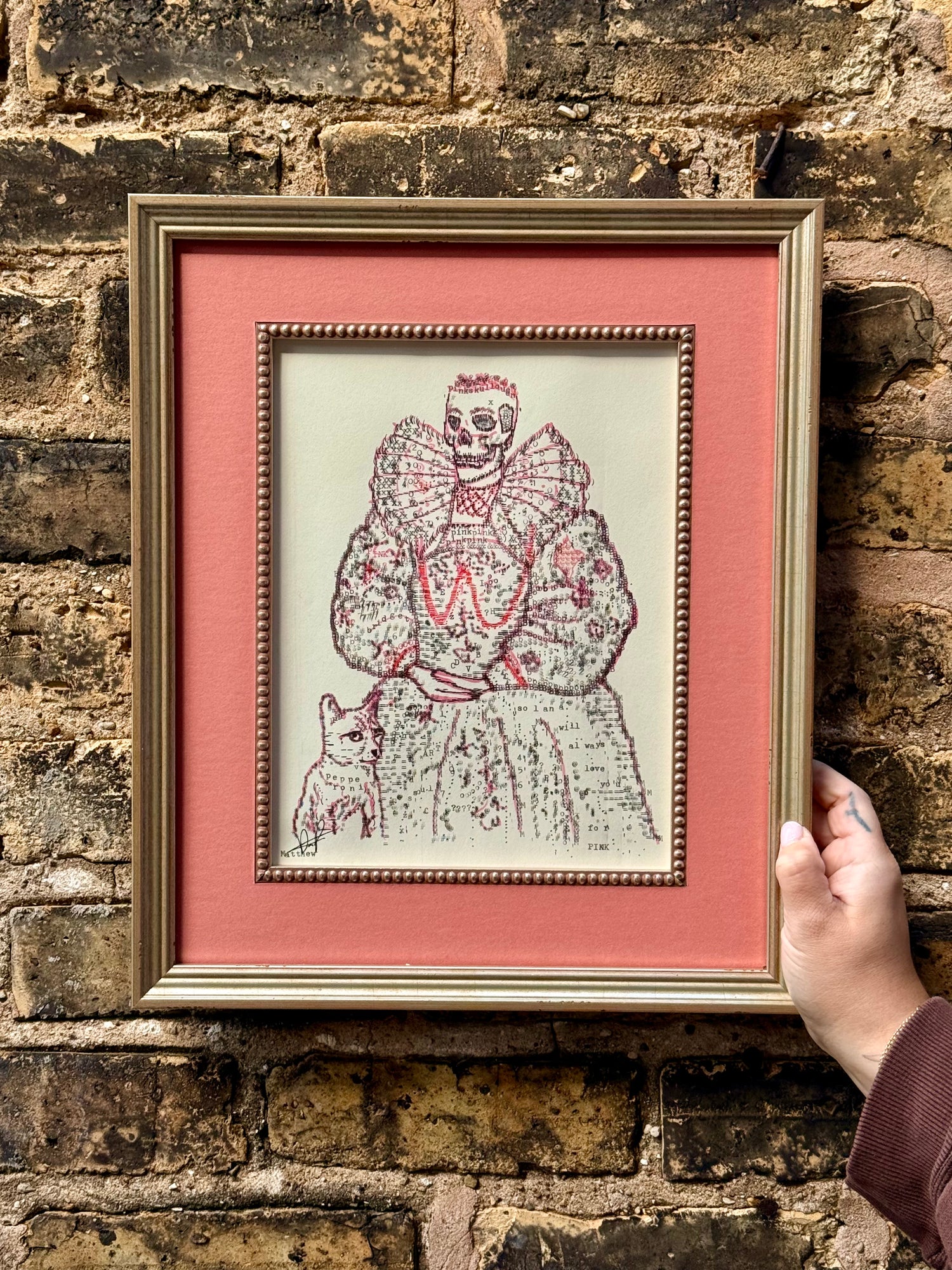 Pink Skull Queen original typewriter artwork by Degen Poet